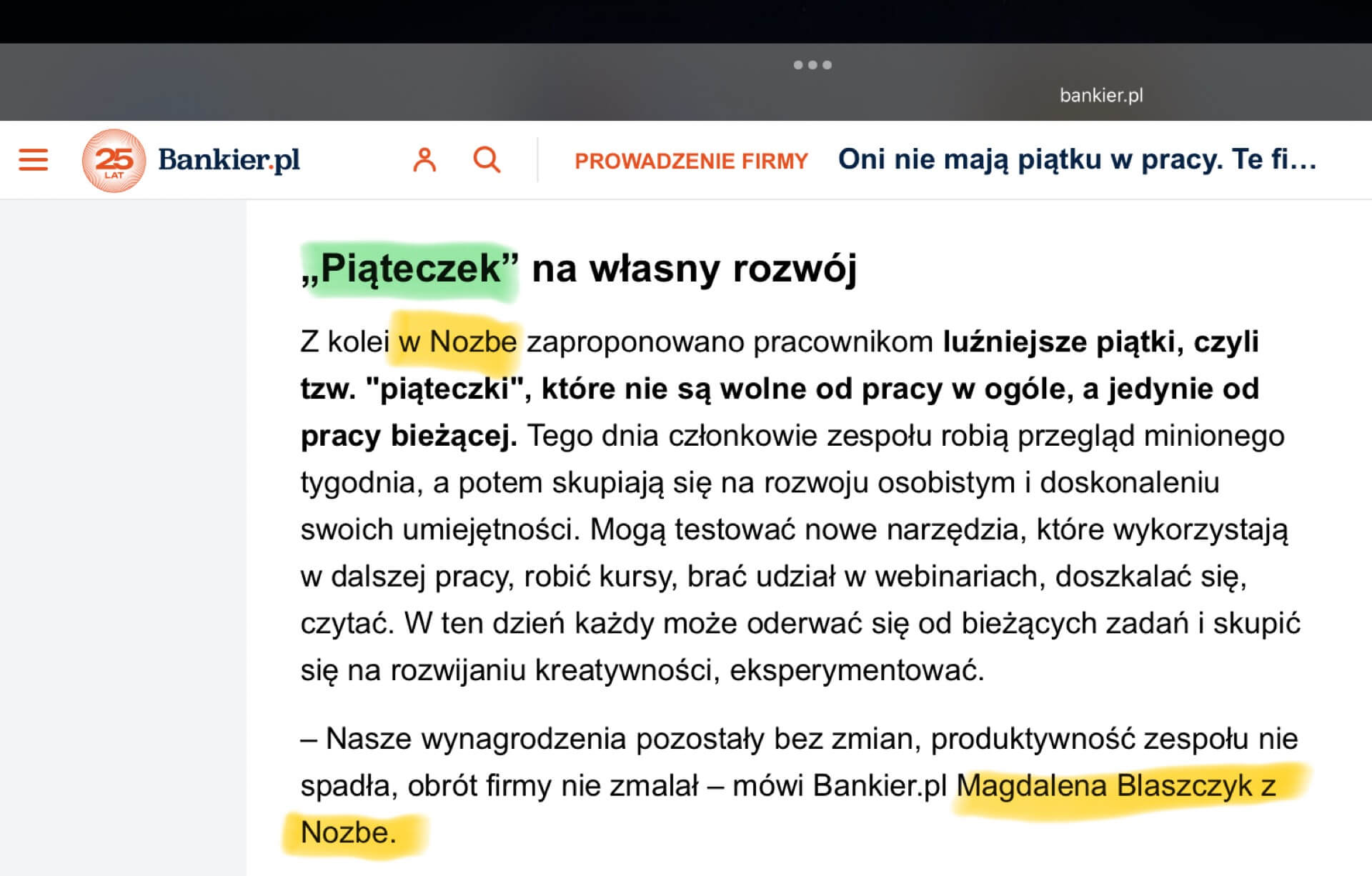 W Bankier.pl o piąteczkach w Nozbe: Te firmy udowadniają, że 4 dni (pracy) wystarczą