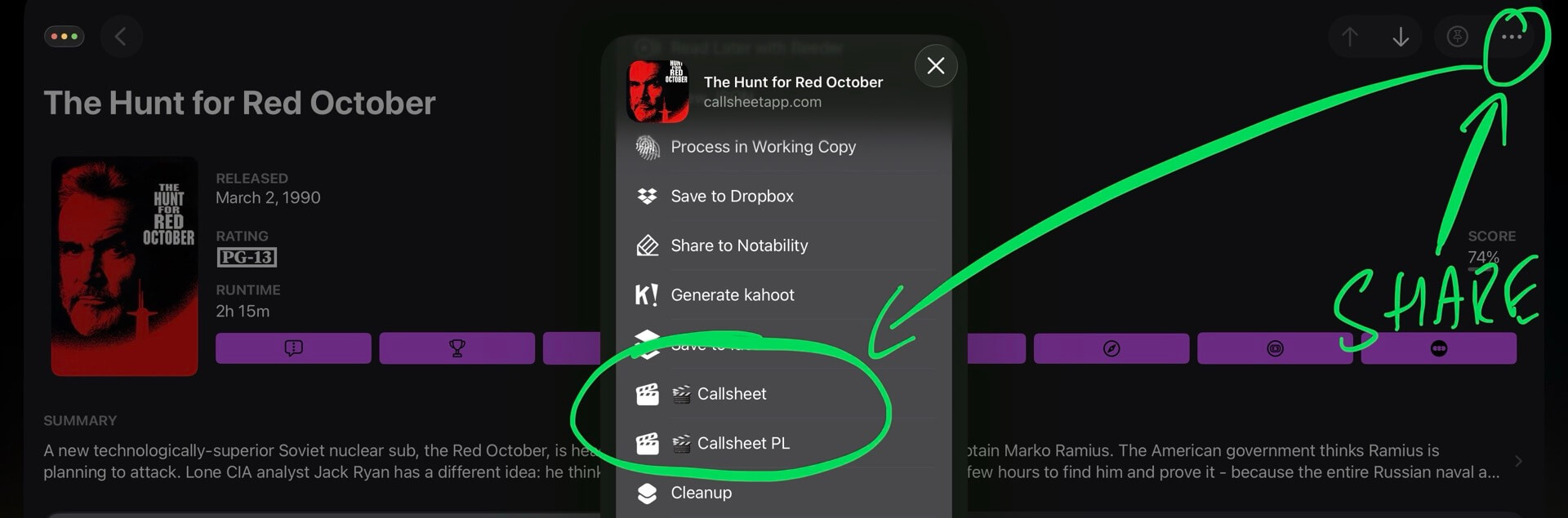 Calsheet app and Shortcut to export TMDB link