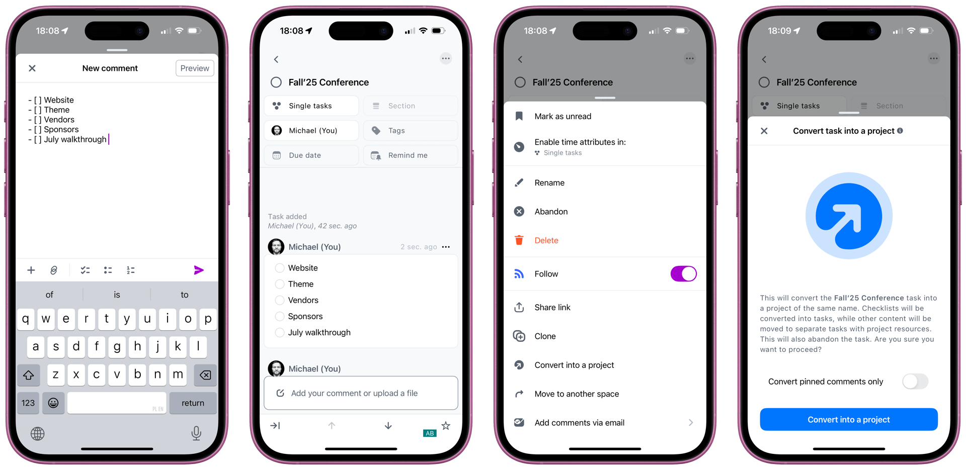 Delightful feature - converting a section or task to a project task