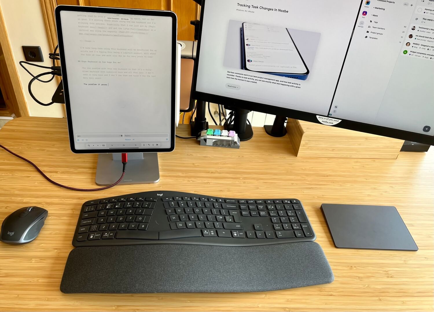 Logitech ERGO K860 keyboard review with a custom-made LEGO stand for Apple Trackpad 3