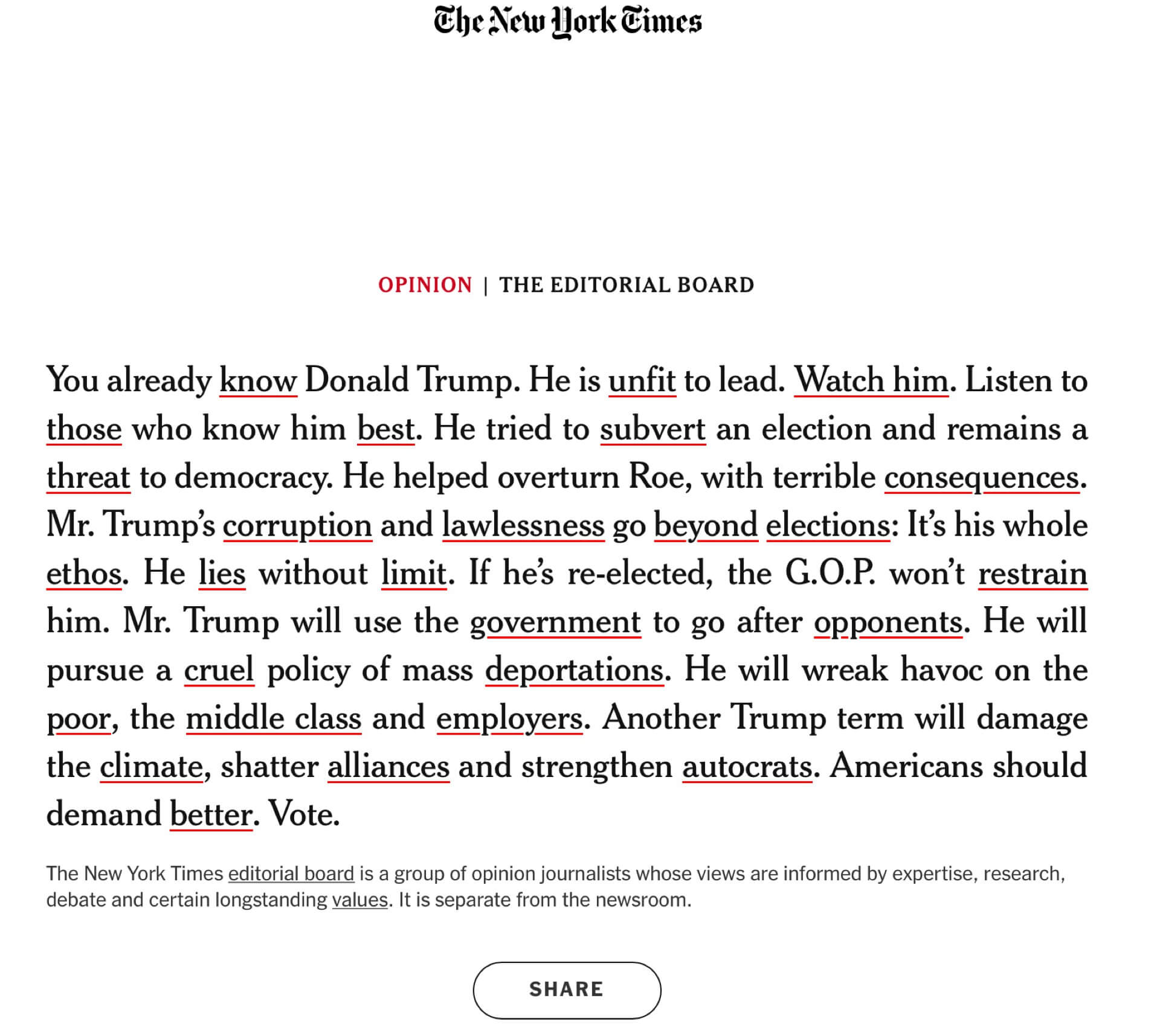 New York Times warns against Trump while Harrison Ford makes a stand for Kamala Harris and democracy