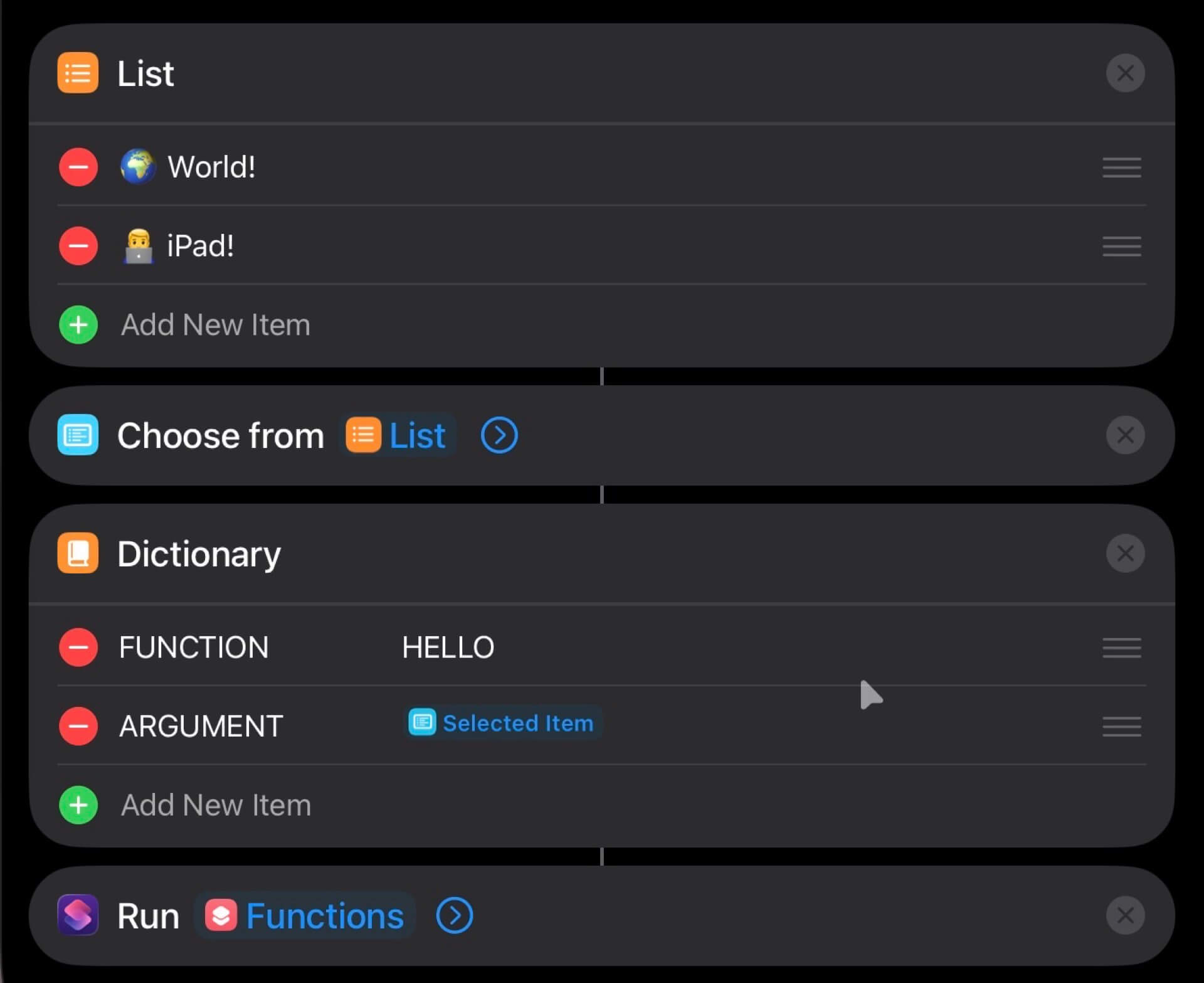 A hack to create FUNCTIONS in Shortcuts run