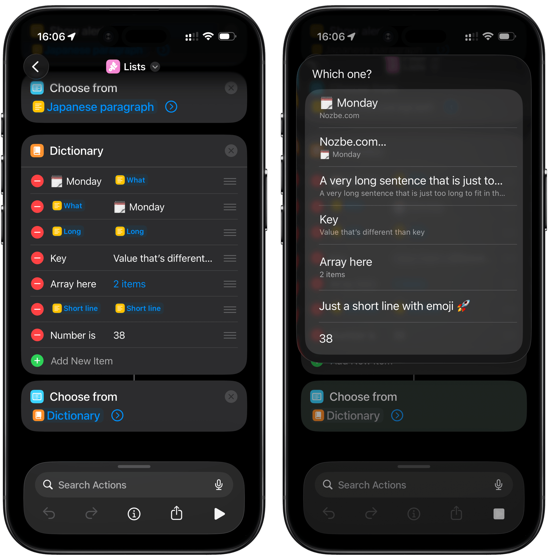 Formatting lists in Shortcuts dictionary