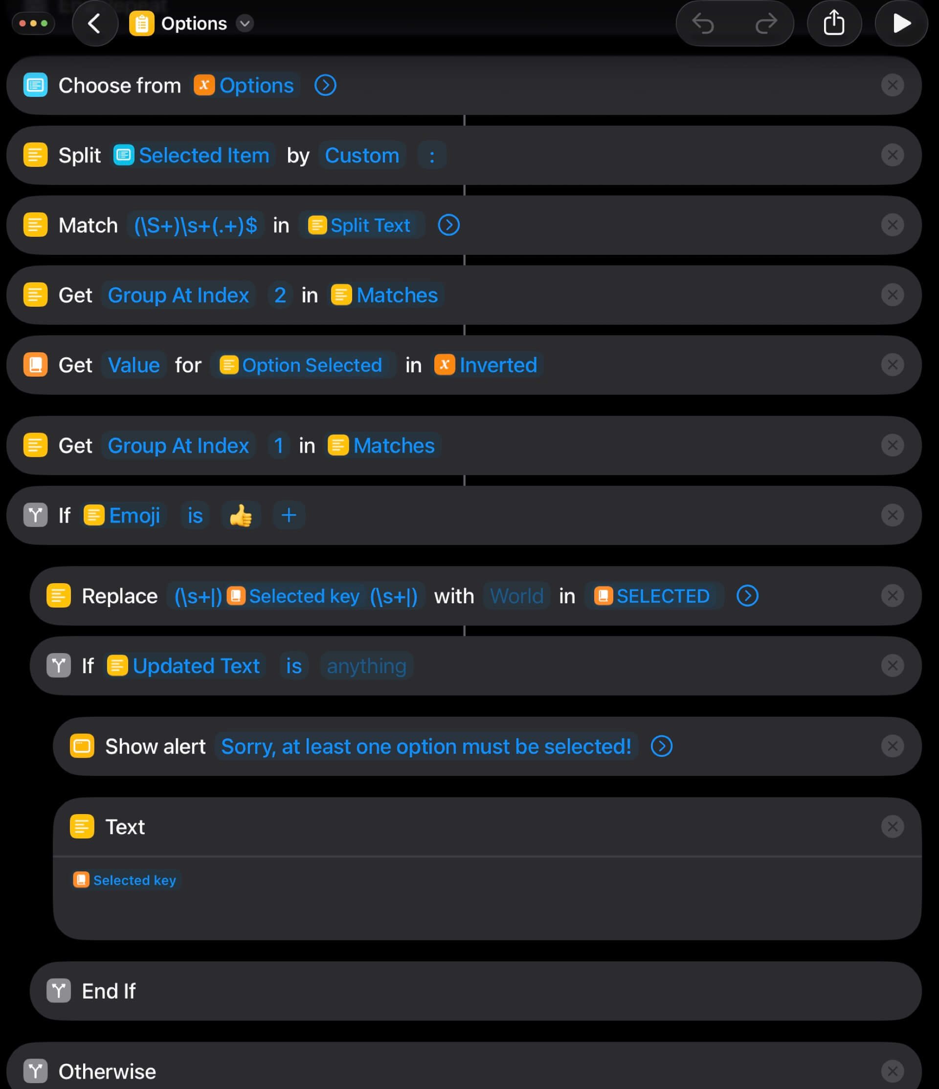 Selecting multiple different options in Shortcuts à la “Radio button” choose