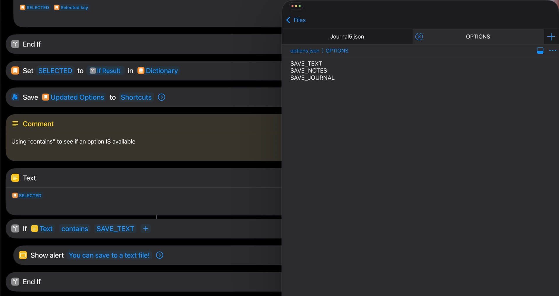 Selecting multiple different options in Shortcuts à la “Radio button” json
