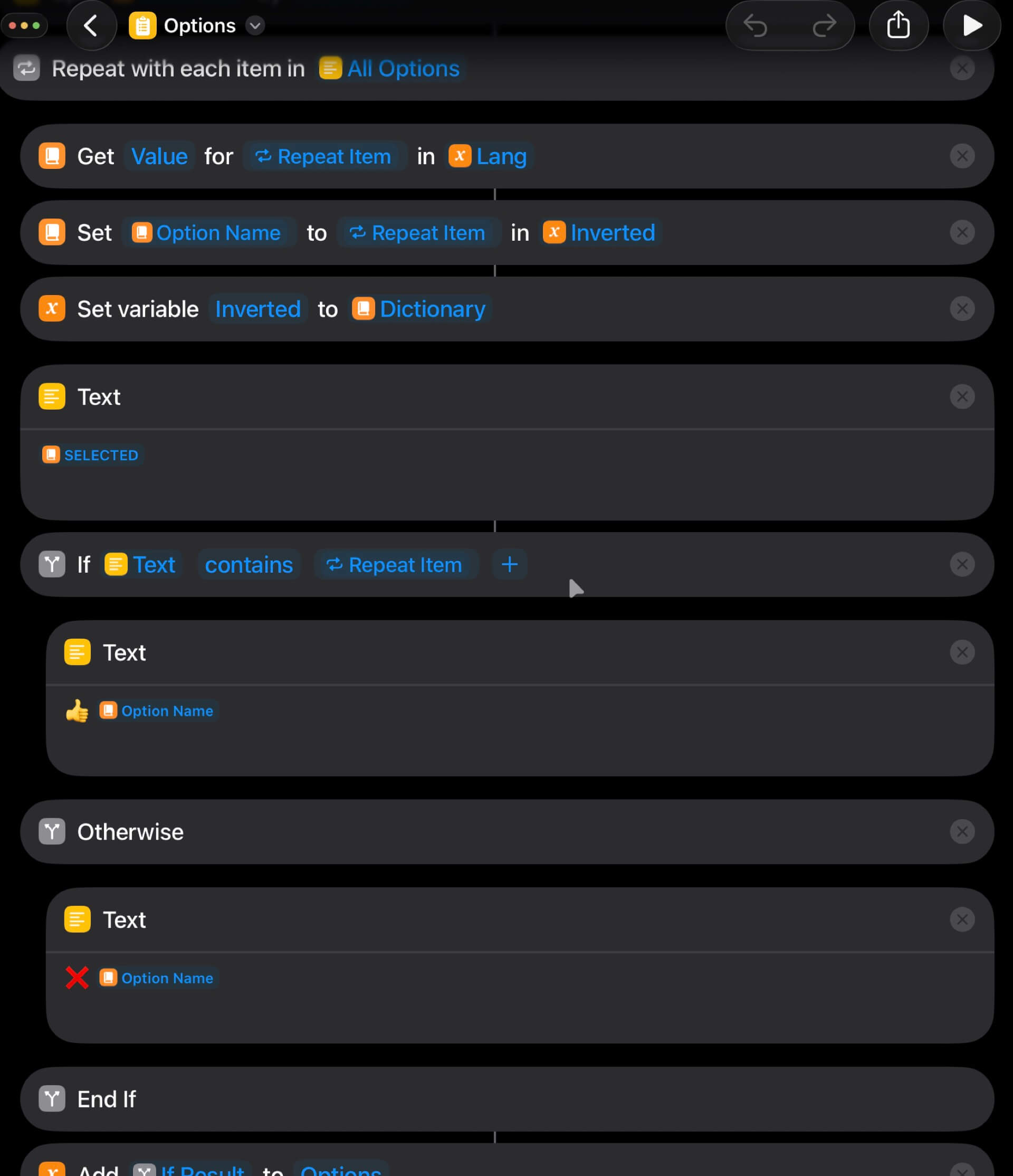 Selecting multiple different options in Shortcuts à la “Radio button” set