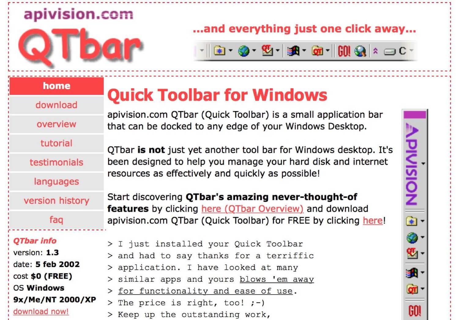 QTbar - my first small global “success” - a launcher toolbar app for Windows 98/Me/XP